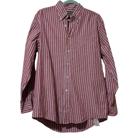 Lands’ End Men’s Size 16-34 red stripe starched button down cotton shirt FLAW - Picture 1 of 9